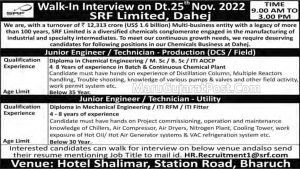 SRF Limited Dahej Walk In Interview on 25 November 2022